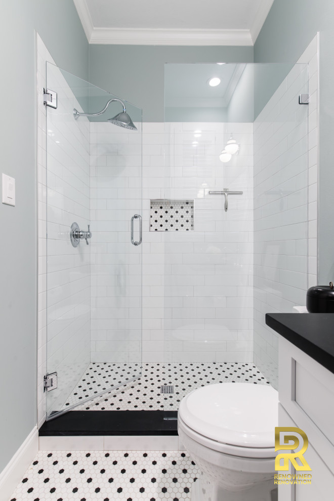 Design ideas for a medium sized classic bathroom in Dallas with shaker cabinets, white cabinets, white tiles, metro tiles, mosaic tile flooring, a submerged sink, engineered stone worktops, a hinged door, black worktops, a single sink and a built in vanity unit.