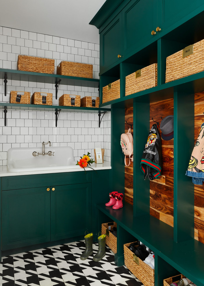 Example of a transitional multicolored floor mudroom design in Chicago