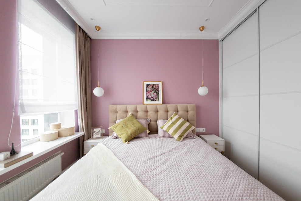 Photo of a medium sized scandinavian master bedroom in Moscow with purple walls, laminate floors, beige floors and a feature wall.