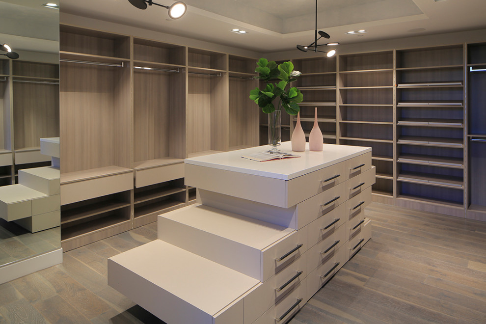 Design ideas for a large modern gender-neutral walk-in wardrobe in Los Angeles with open cabinets, beige cabinets, dark hardwood floors and grey floor.