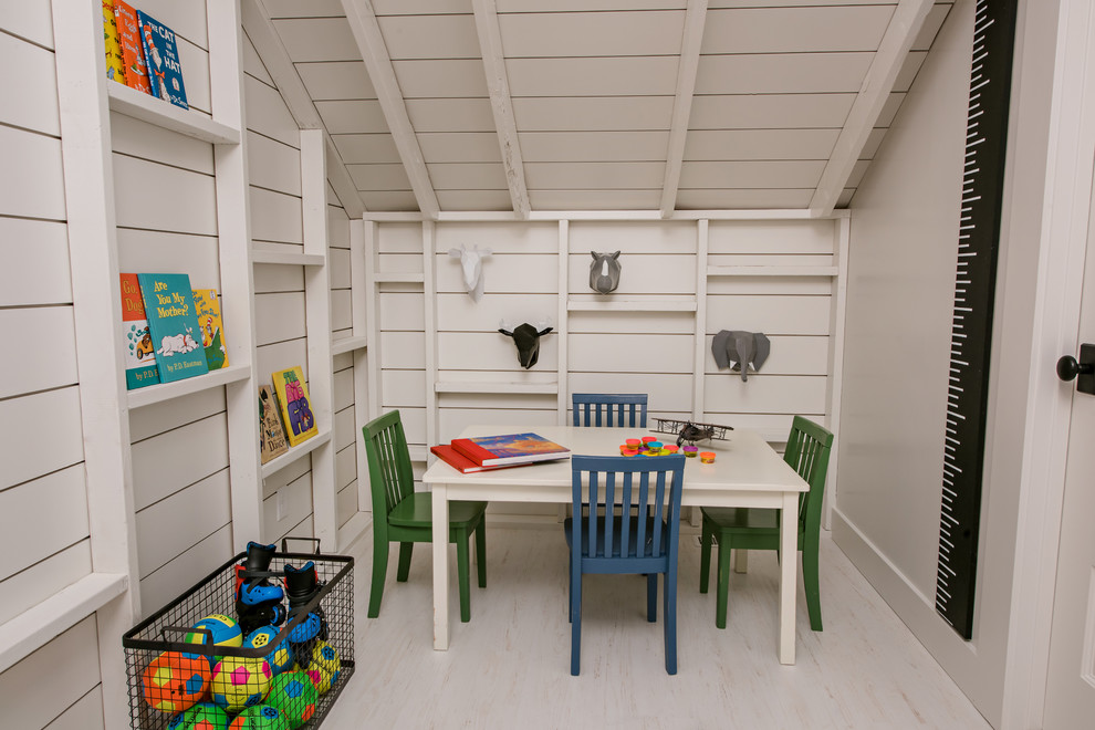 Design ideas for a transitional gender-neutral kids' playroom for kids 4-10 years old in Denver with white walls.