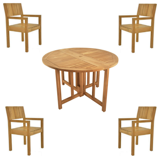 5Piece Outdoor Teak Dining Set 48" Butterfly Folding Table, 4 Vera