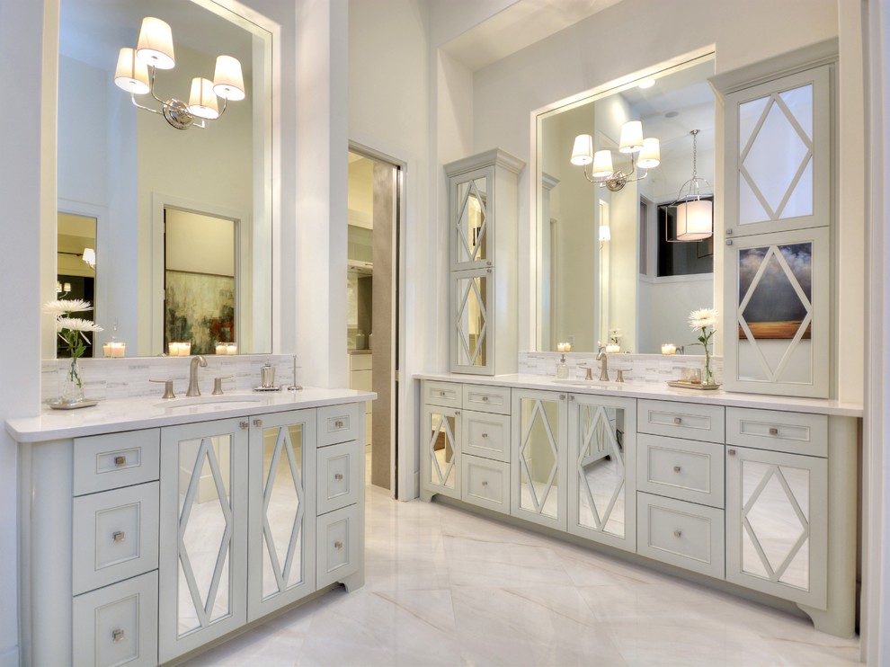 Design ideas for a transitional master bathroom in Austin with an undermount sink, recessed-panel cabinets, white cabinets, white tile and white walls.
