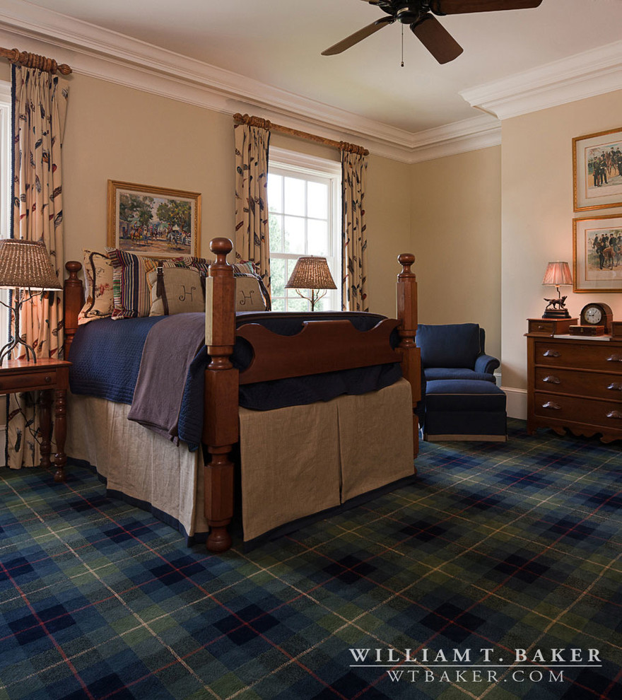 Photo of a large traditional guest bedroom in Atlanta with beige walls and dark hardwood floors.