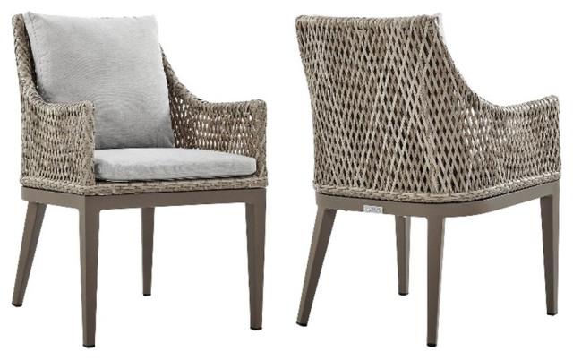 Armen Living Silvana 19" Outdoor Fabric Dining Chair in Gray/Beige (Set of 2)