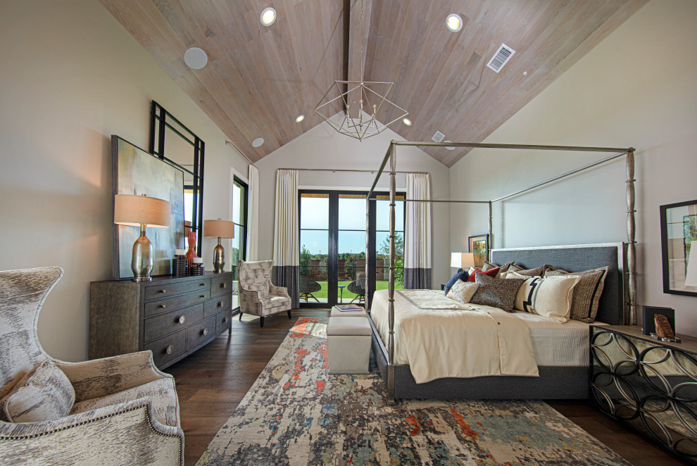 Photo of a mid-sized contemporary master bedroom in Dallas with beige walls, carpet and beige floor.