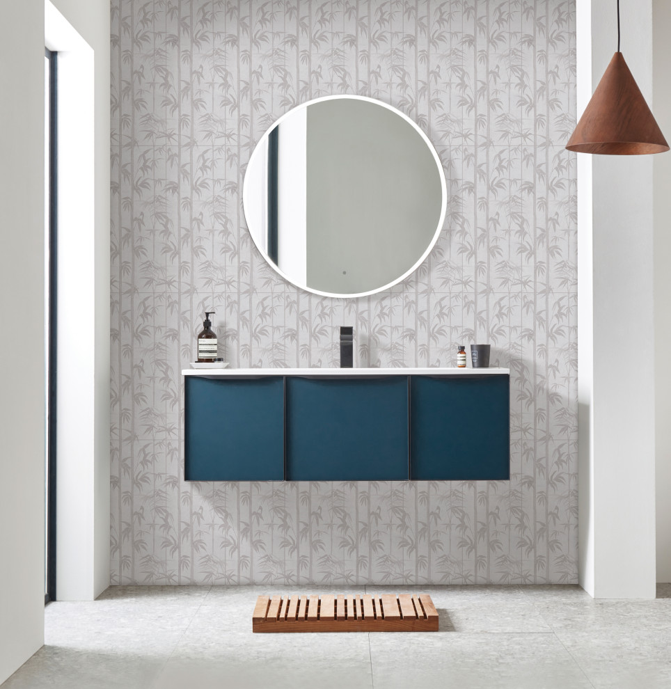Immagine di una stanza da bagno per bambini moderna di medie dimensioni con piastrelle in ceramica, pavimento in gres porcellanato e top piastrellato