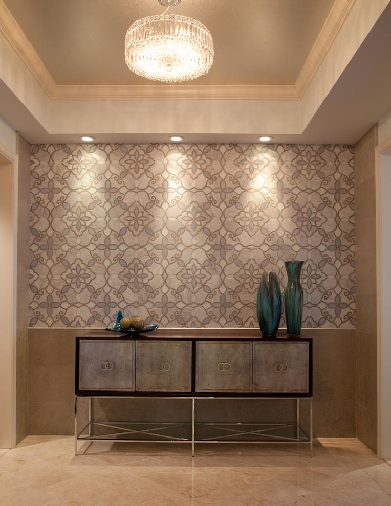 Mid-sized contemporary foyer in Boston with beige walls, marble floors and a single front door.
