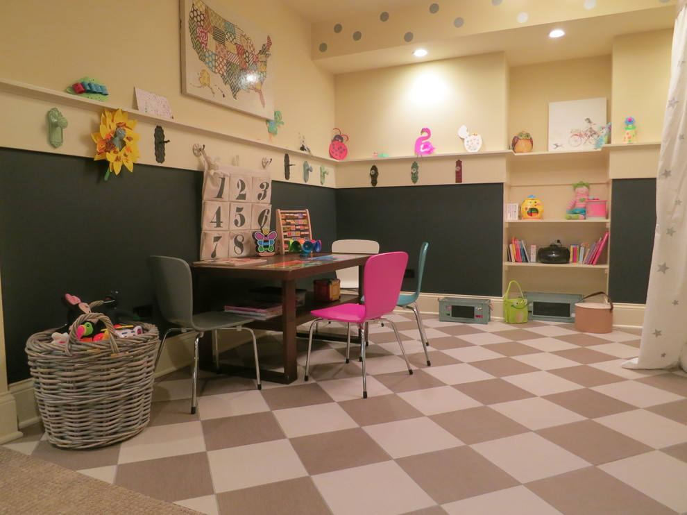 Design ideas for a mid-sized transitional kids' room for girls in Chicago with multi-coloured walls and ceramic floors.