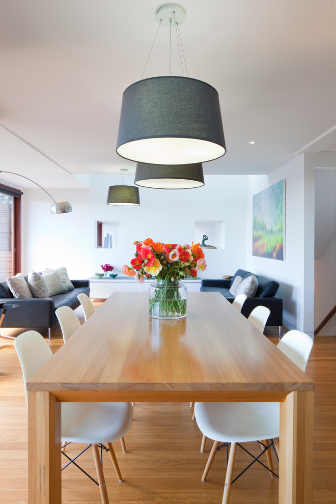 Inspiration for a contemporary open plan dining in Sydney with white walls and medium hardwood floors.