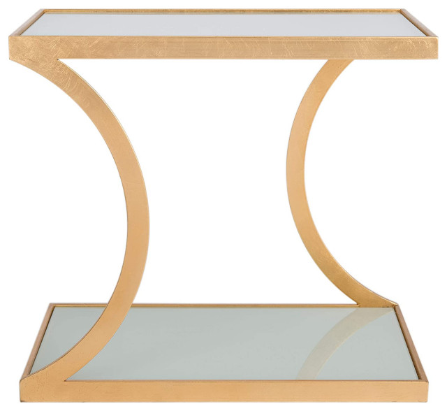 Contemporary End Table, Metal Frame With White Glass Top & Lower Shelf