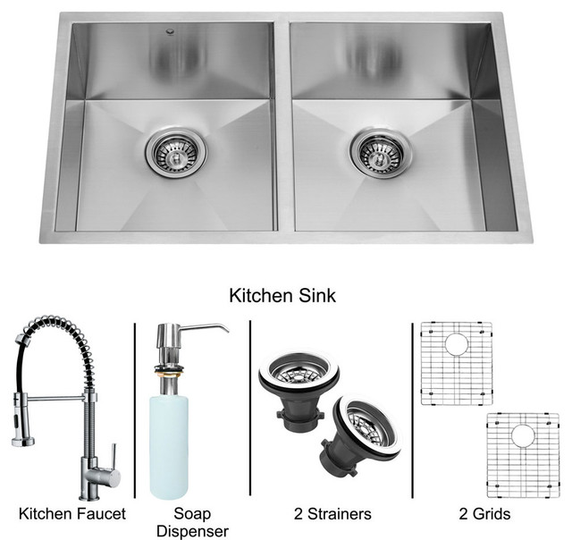 All in One 32in.  Undermount Double Bowl Kitchen Sink and Chrome Faucet Set