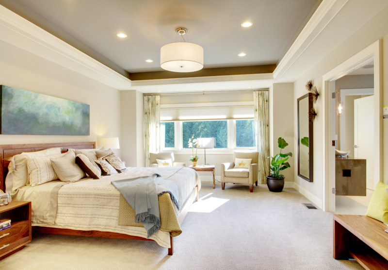 This is an example of a mid-sized traditional master bedroom in Atlanta with beige walls, carpet, no fireplace and white floor.