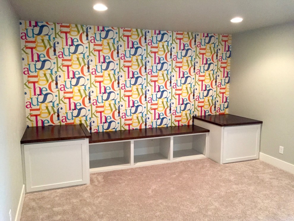 Mid-sized arts and crafts gender-neutral kids' playroom in Other with grey walls and carpet for kids 4-10 years old.