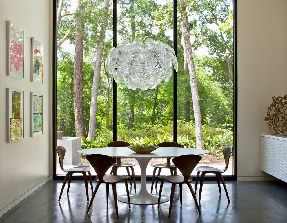 Inspiration for a contemporary dining room in Houston with white walls and concrete floors.