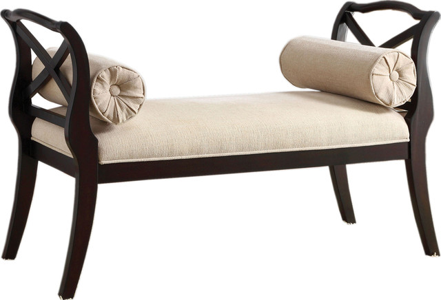 Upholstered Bench With Pillows Ivory Fabric Seat Curved Armrests Traditional Upholstered