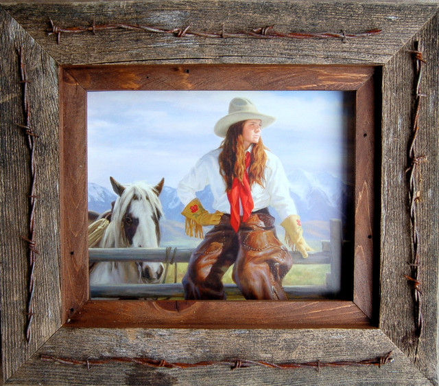 Barnwood Picutre Frame Horse 3 fathers day present gift dad Rustic Western Home Decor with Barbed Wire Accent AllBarnWood Primitive Cowboy boots Photos 4 X 6 Texas Vaquero Great for Family 