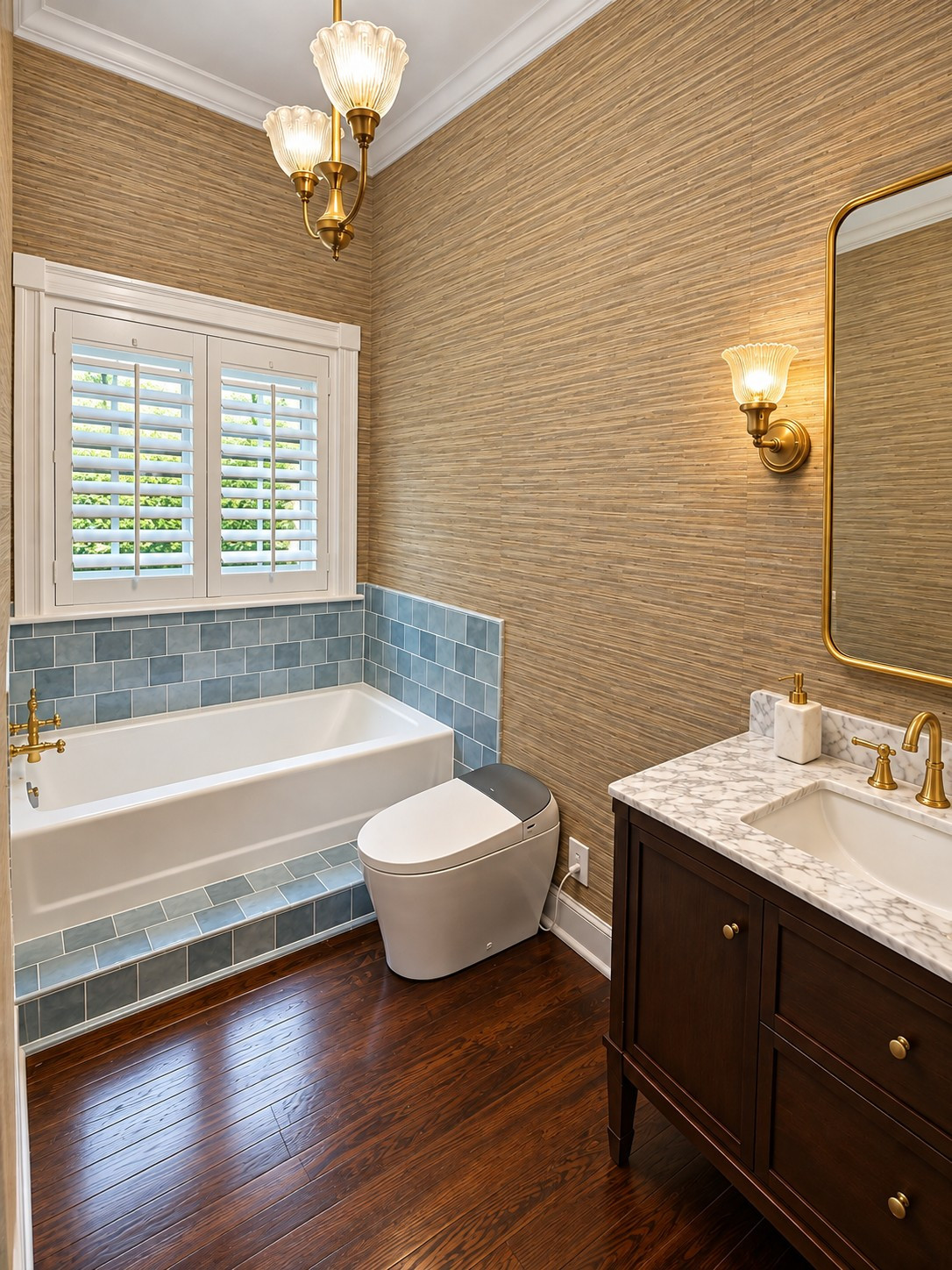 Elegant Transitional Guest Bathroom with Grasscloth Wallpaper