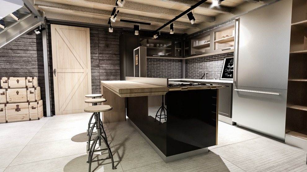 This is an example of a mid-sized industrial l-shaped open plan kitchen in Milan with a drop-in sink, recessed-panel cabinets, grey cabinets, recycled glass benchtops, stainless steel appliances, porcelain floors, with island and white floor.