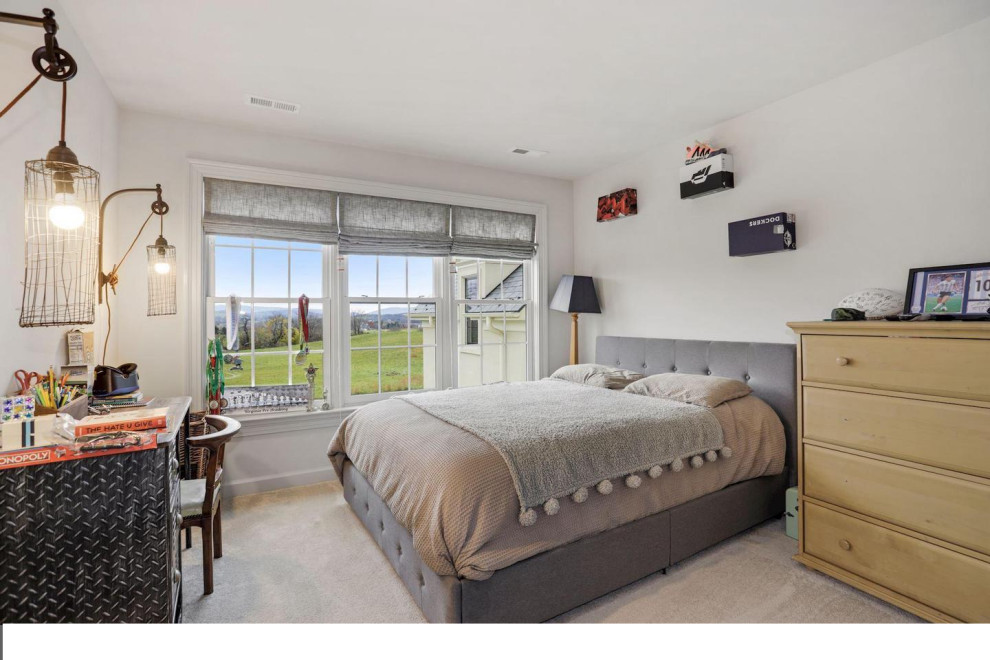 Bedroom - mid-sized transitional guest carpeted and wallpaper bedroom idea in DC Metro with gray walls