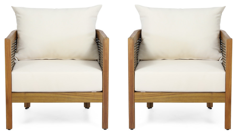 Alden Outdoor Acacia Wood Club Chairs, Kailee Outdoor Wooden Club Chairs With Cushions Set Of 2 White Teak