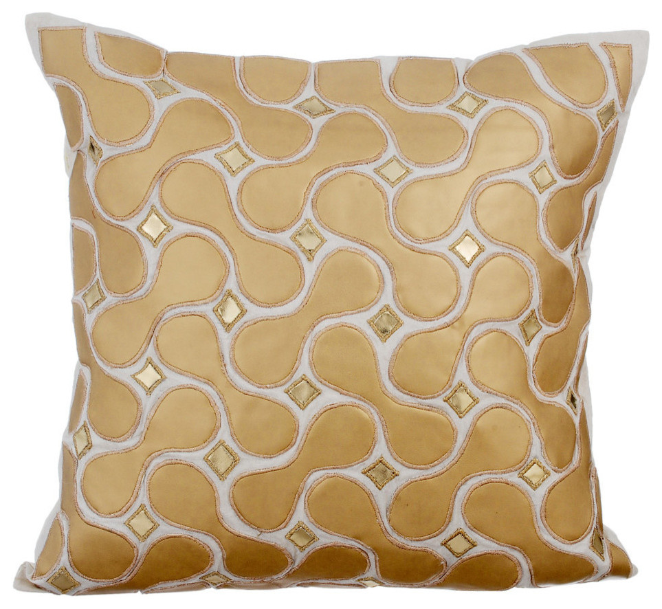 Metallic Faux Leather 16"x16" Silk Ivory Decorative Pillows Cover, Gold Space