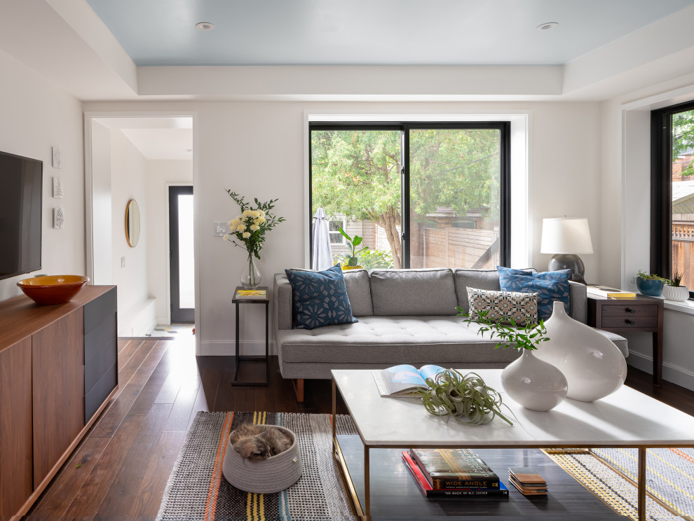 Immagine di un soggiorno moderno con pareti bianche, pavimento in legno massello medio, stufa a legna, TV autoportante, pavimento marrone e soffitto ribassato