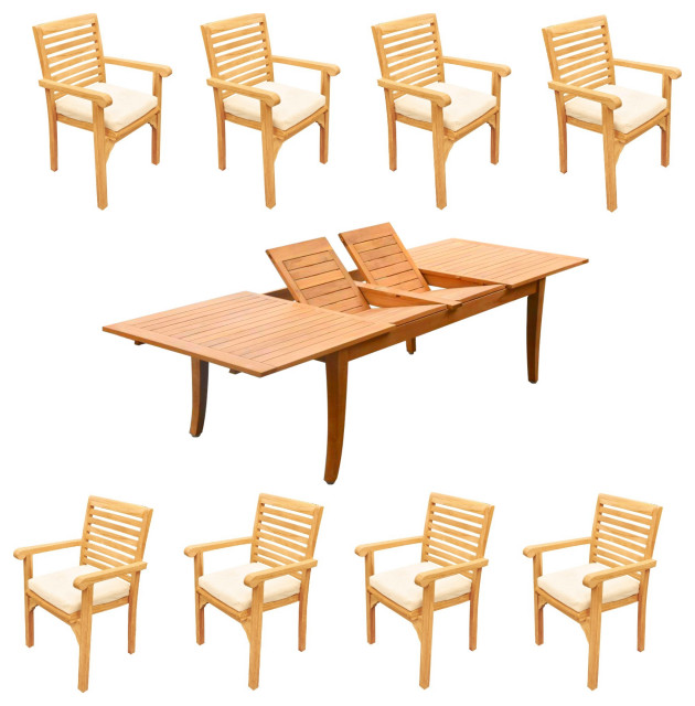 9Piece Teak Dining Set 122" XLarge Rectangle Table, 8 Hari Stacking