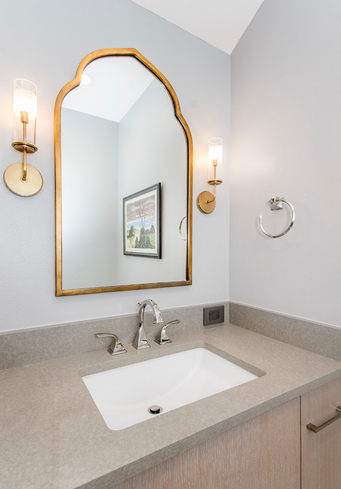 Large eclectic master bathroom in Dallas with flat-panel cabinets, light wood cabinets, a freestanding tub, an open shower, a two-piece toilet, gray tile, cement tile, grey walls, cement tiles, an undermount sink and quartzite benchtops.
