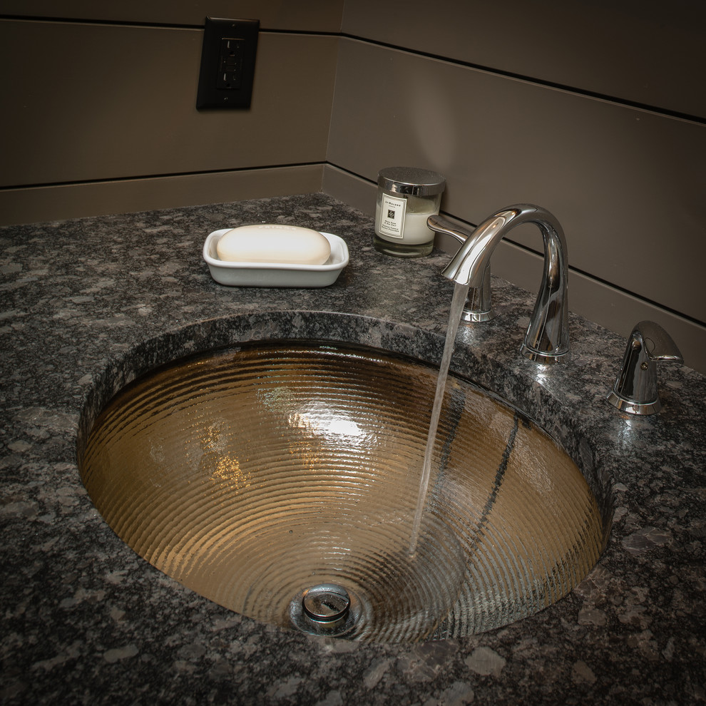 Small transitional ceramic tile bathroom photo with shaker cabinets, gray cabinets, a two-piece toilet, gray walls, an undermount sink and granite countertops