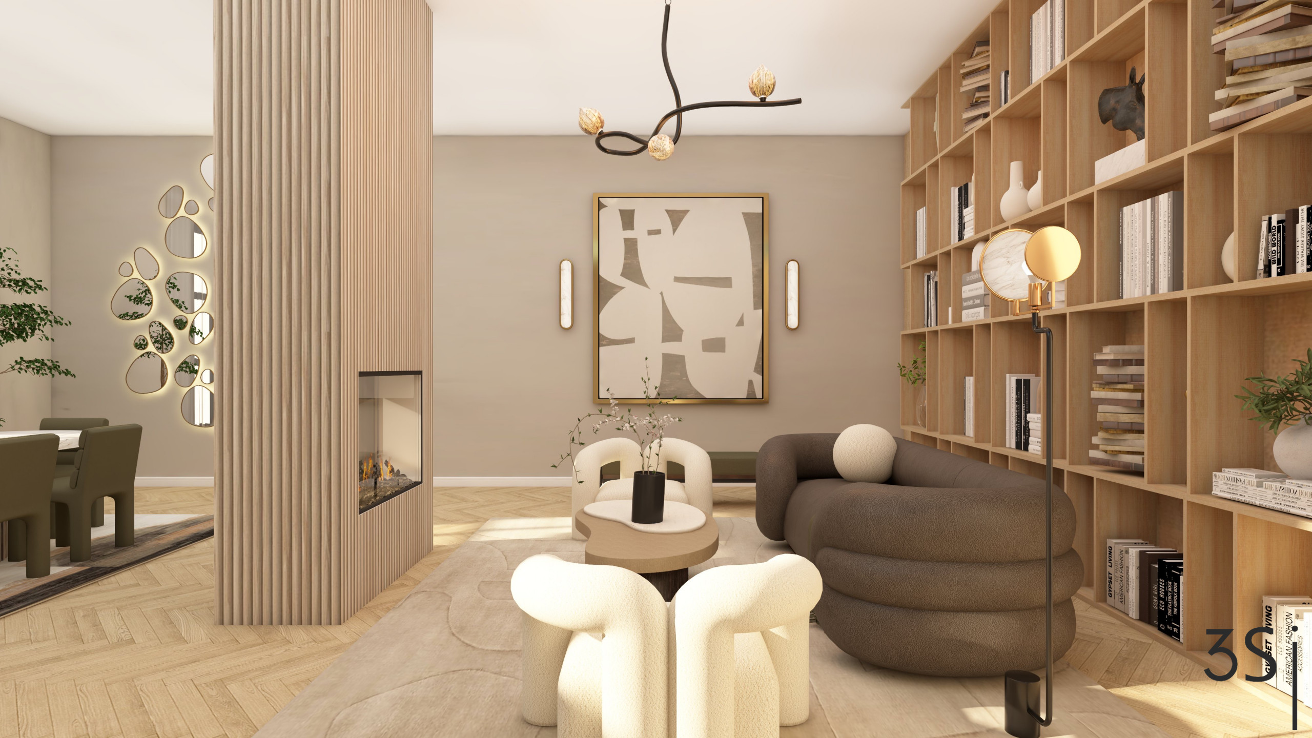 An Elevated living room displaying statement pieces, books and art adjacent to the dining room and two-sided fireplace.