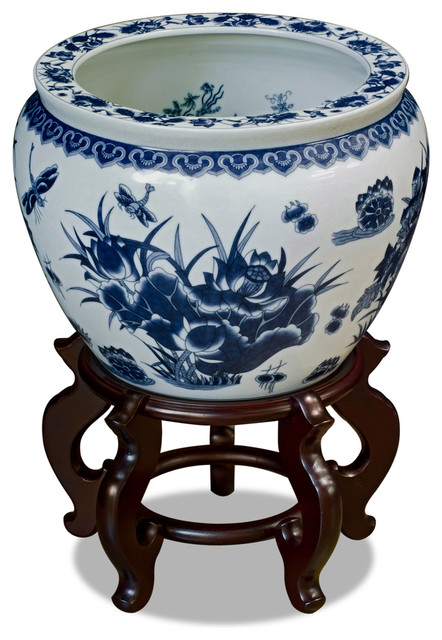 Oriental Furniture 18" Porcelain Fishbowl Blue & White Landscape 