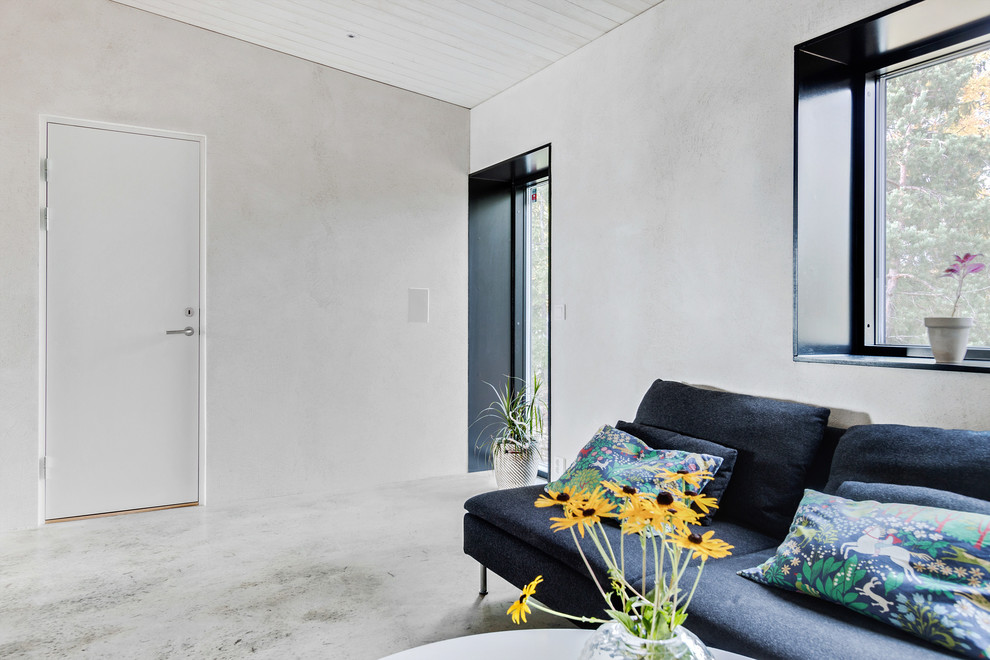 Photo of a mid-sized modern enclosed living room in Stockholm with grey walls, concrete floors, no fireplace and a wall-mounted tv.