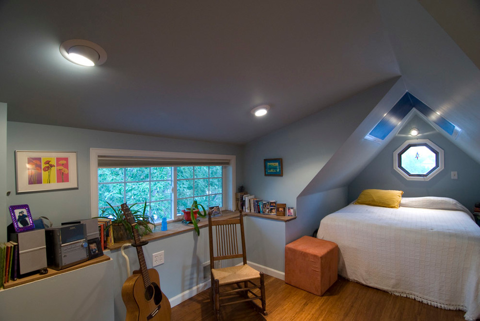 Design ideas for a small loft-style bedroom in Denver with blue walls and medium hardwood floors.