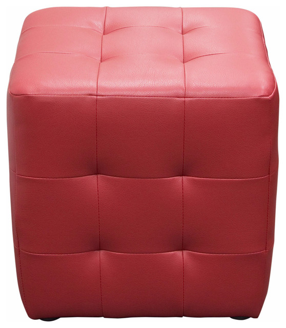 Bonded Leather Tufted Cube Accent Ottoman, Red Contemporary Footstools And Ottomans by