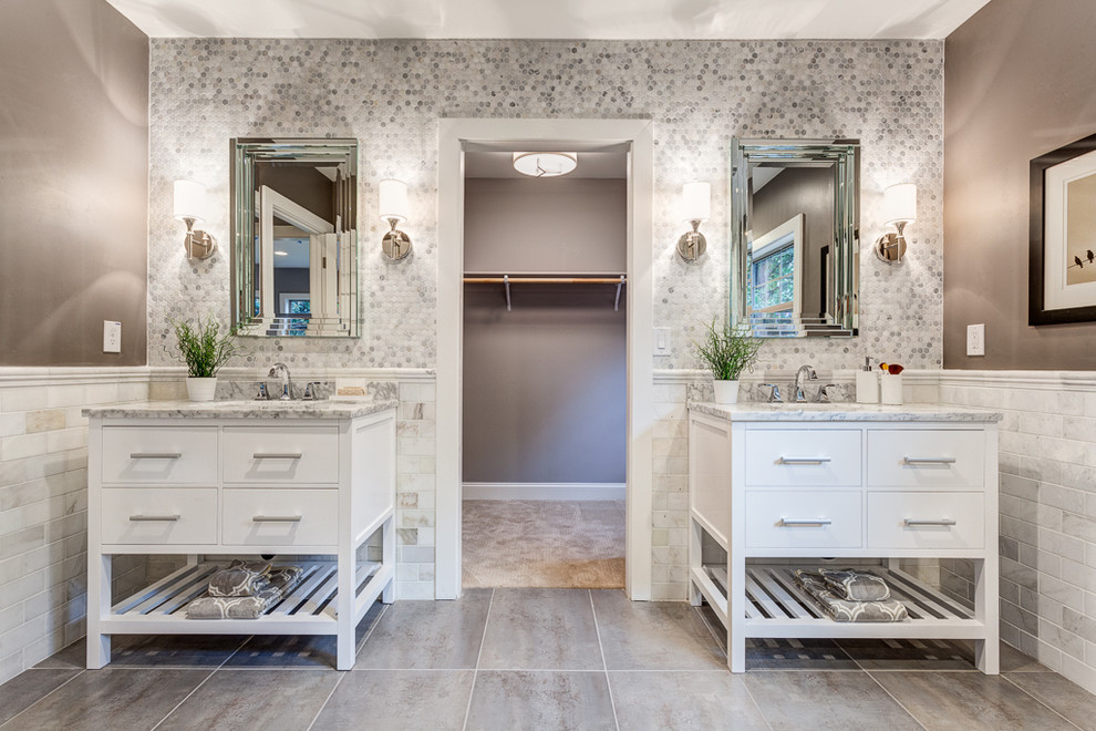 Mid-sized transitional master bathroom in Sacramento with an undermount sink, flat-panel cabinets, white cabinets, marble benchtops, mosaic tile, brown walls, ceramic floors and gray tile.