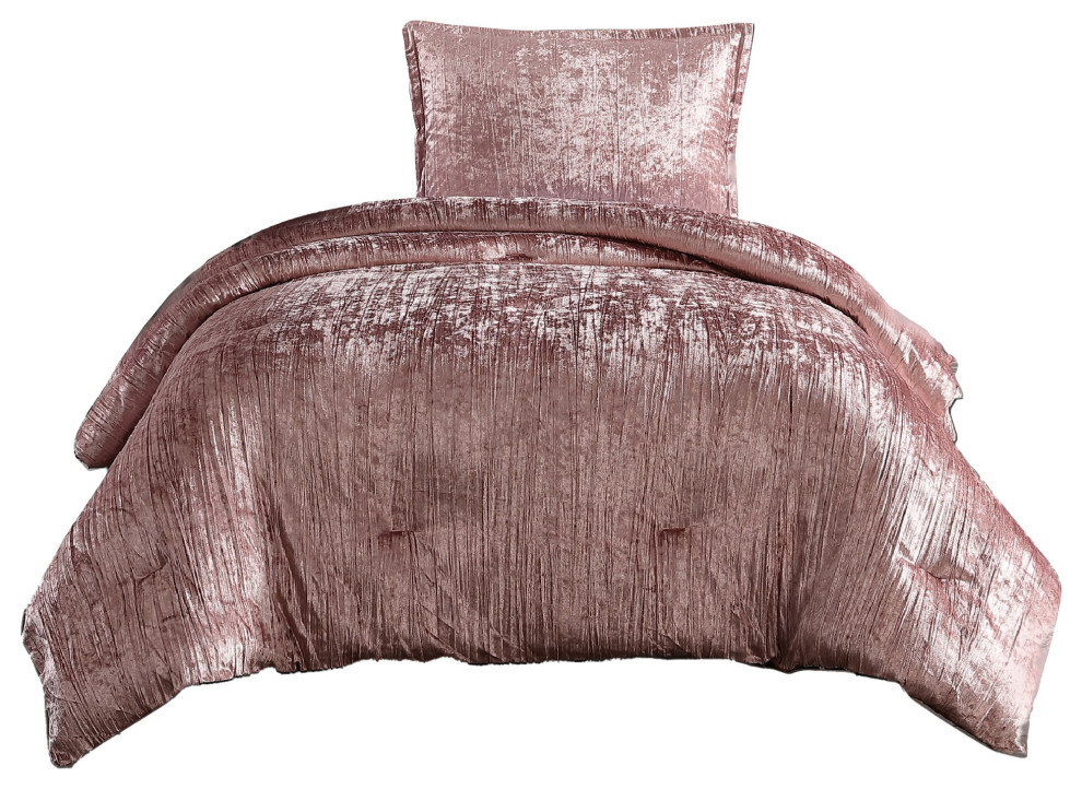 Benzara BM283887 Twin Comforter Set, Polyester Velvet, Deluxe Texture, Pink