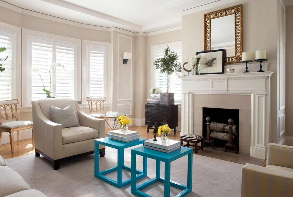 Design ideas for a traditional living room in San Francisco with beige walls.