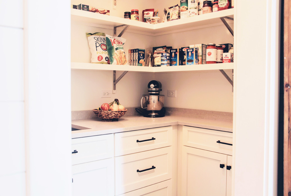 Inspiration for a transitional single-wall dark wood floor open concept kitchen remodel in Chicago with an undermount sink, shaker cabinets, white cabinets, quartz countertops, stainless steel appliances and an island