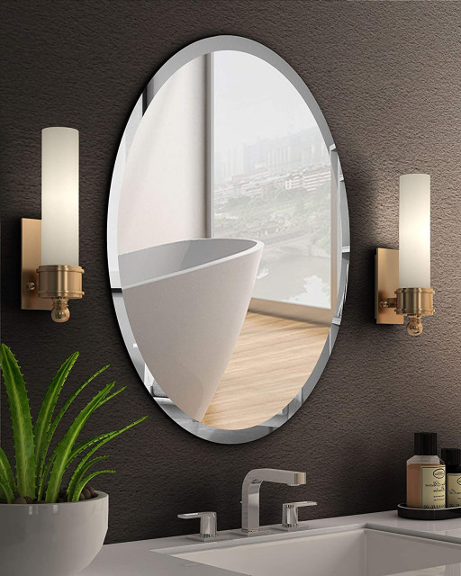 Oval Beveled Polished Frameless Wall Mirror for Bathroom Transitional