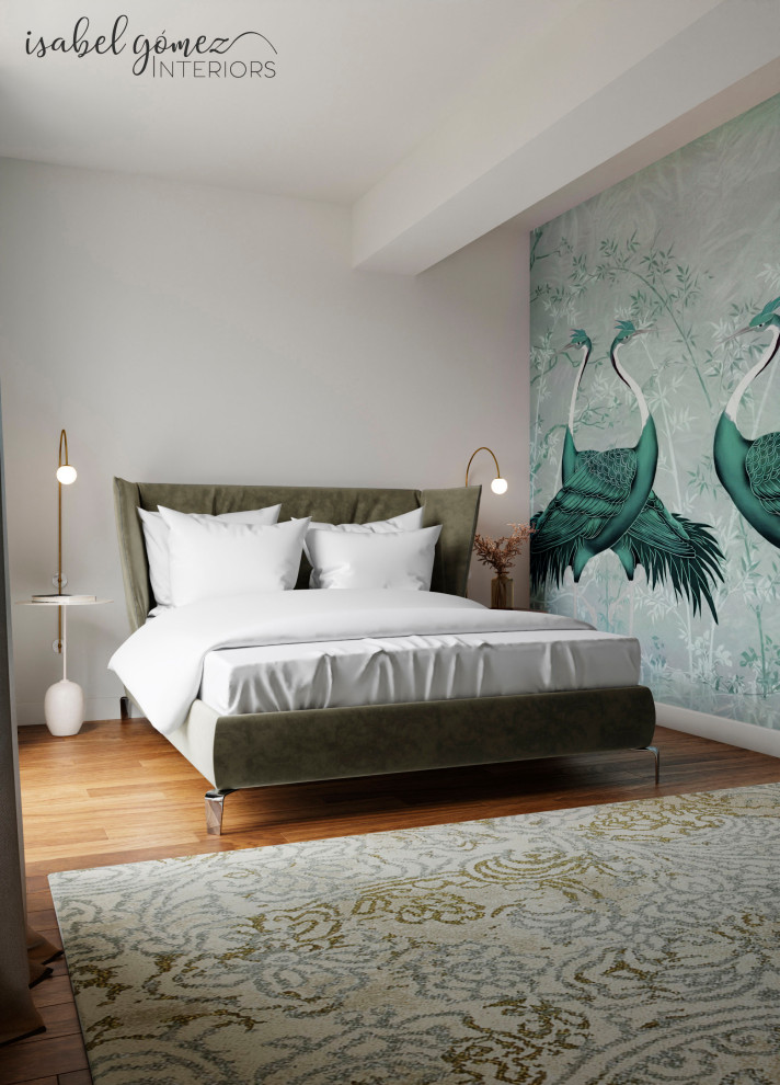 Стильный дизайн: спальня в современном стиле с синими стенами, полом из бамбука и обоями на стенах - последний тренд