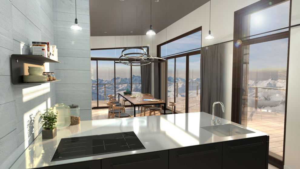 Idéer för ett mellanstort rustikt grå kök, med en undermonterad diskho, luckor med profilerade fronter, svarta skåp, bänkskiva i rostfritt stål och en köksö