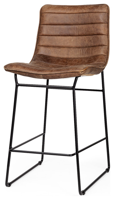 Meritt Brown Genuine Leather Seat with Black Metal Frame Counter Stool