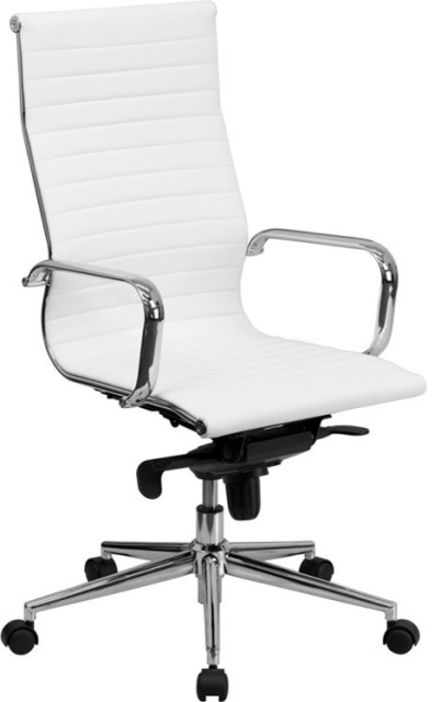 White Ribbed Leather Executive Swivel Office Chair, Knee-Tilt Control, Arms