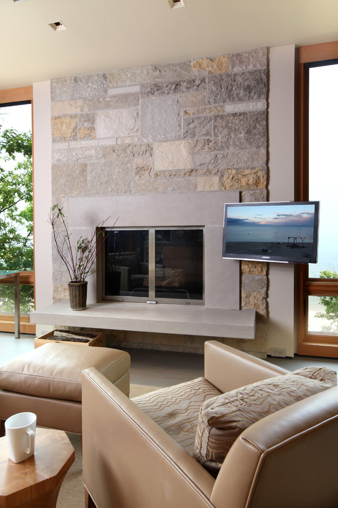 This is an example of a small contemporary enclosed living room in Grand Rapids with grey walls, light hardwood floors, a standard fireplace, a stone fireplace surround and a wall-mounted tv.
