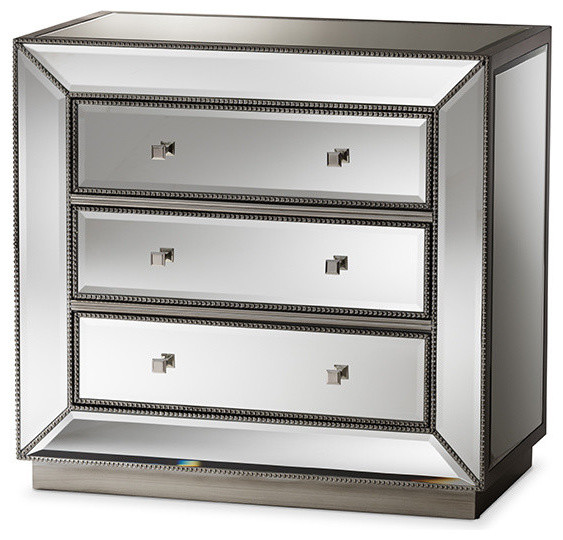 Edeline Hollywood Regency Glamour Style Mirrored 3 Drawer Chest Glamour Style Mirrored 3 Drawer Chest