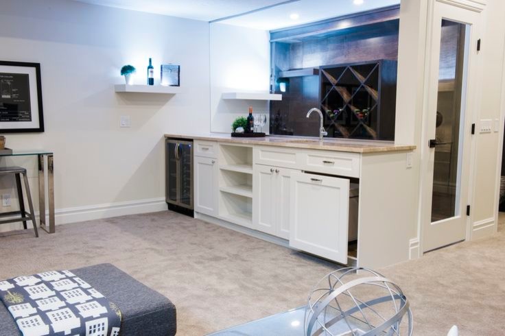 Design ideas for a contemporary wet bar in Calgary with shaker cabinets and white cabinets.