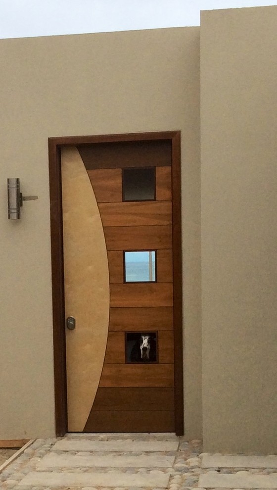 Photo of a contemporary front door in Other with grey walls, concrete floors and a single front door.