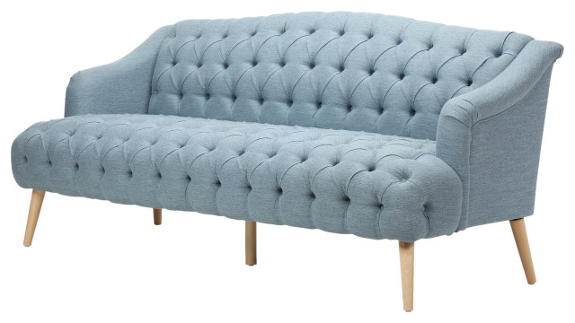 Erin Contemporary Tufted Fabric 3 Seater Sofa, Light Blue, Natural Finish