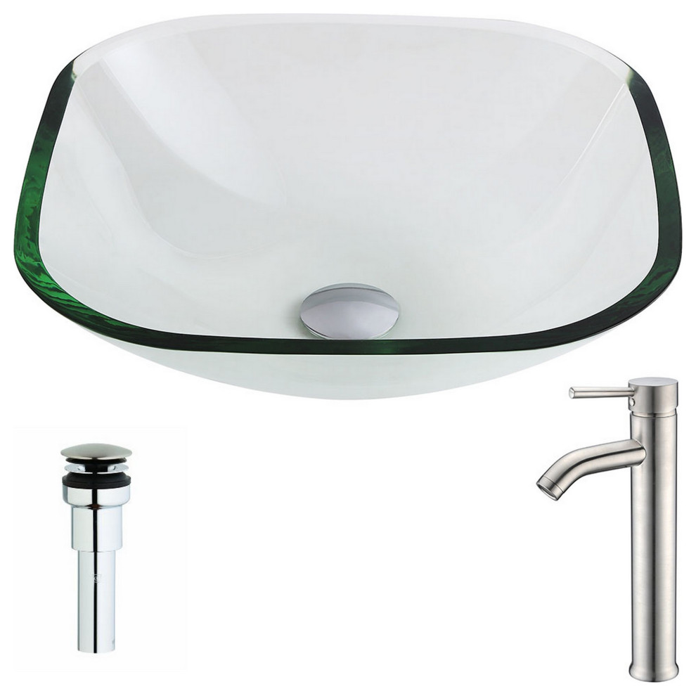 Cadenza Deco-Glass Vessel Sink, Lustrous Clear, Fann Faucet, Brushed Nickel